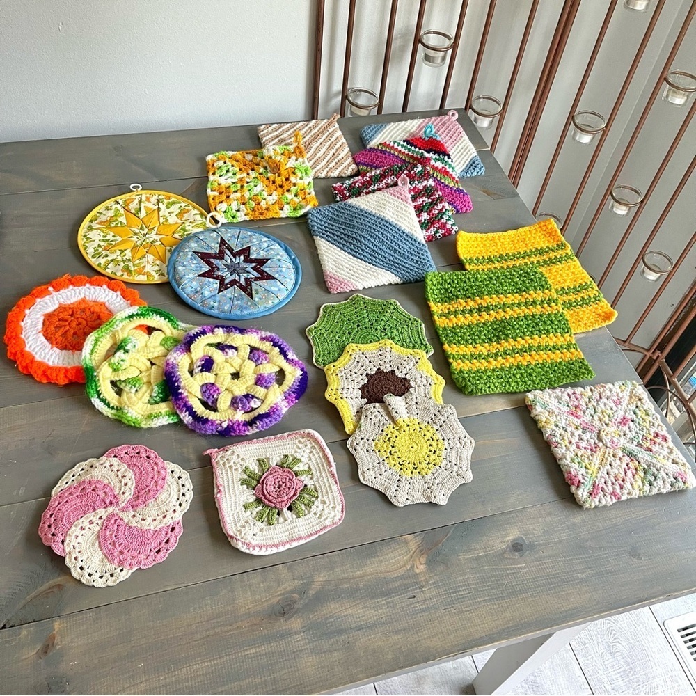 Vintage Trivets Multicolored Crocheted Hand Knit Quilted Bundle Lot of 19